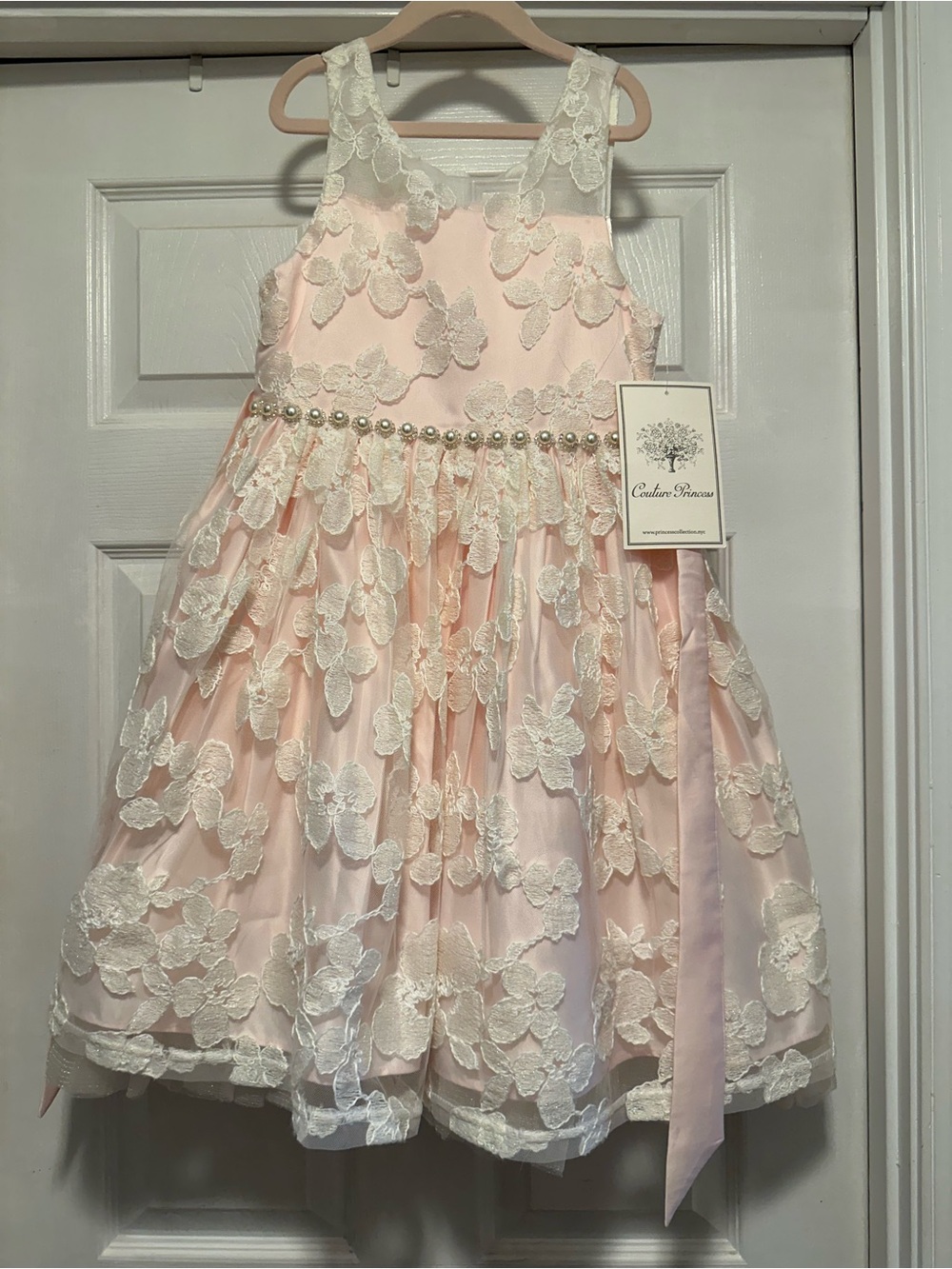 Princess Girls' Pink Lace Floral Party Dress with Pearl and Rhinestone waist.